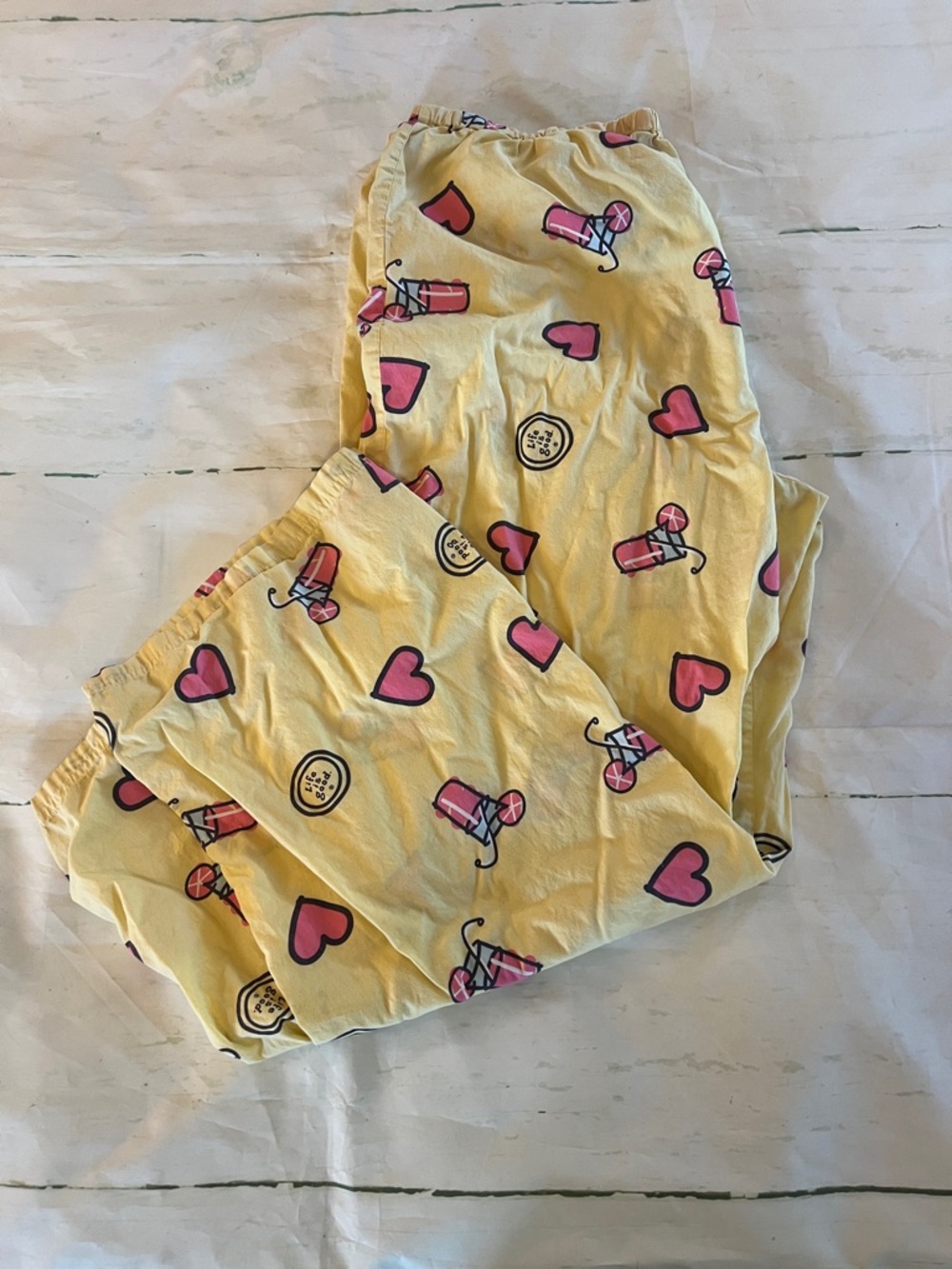 Life is Good Yellow Lemonade & Heart Print Pajama Pants Women's XL